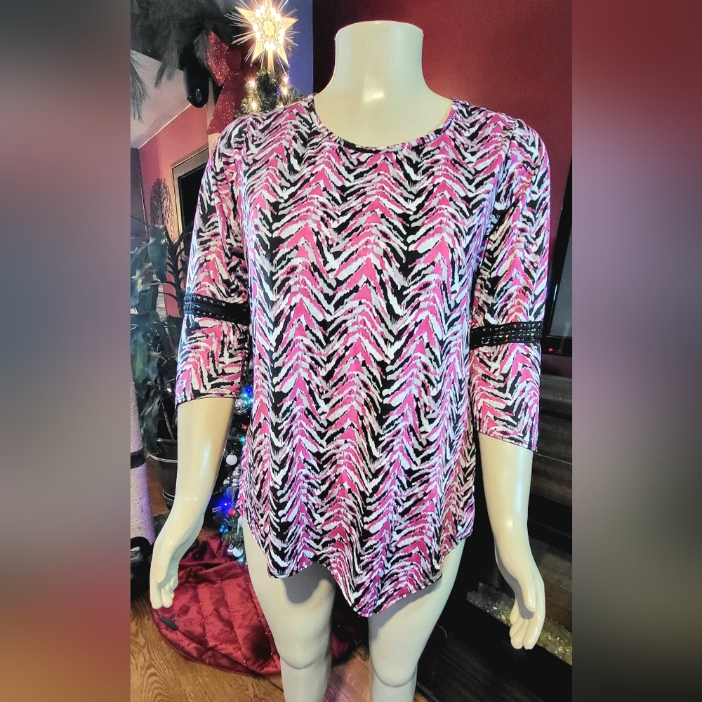 Studio Works Pink and Black Asymmetrical Graphic Blouse